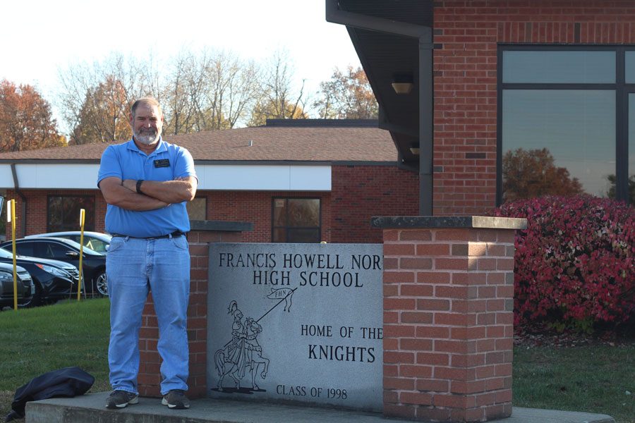 Jesse Stewart poses by the FHN sign outside the front of the school.