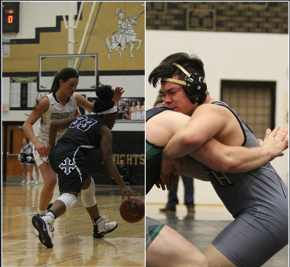 Junior Gabby Delarue takes on a defender in a home game for FHN while senior Bon Jang wrestles an opponent for the Howell North wrestling team.