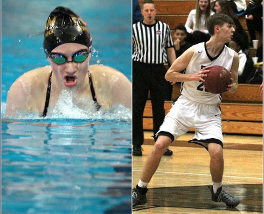 Senior Erin Stock swims in a meet for Francis Howell North and John Garrelts takes possession of the ball in a basketball game for Francis Howell North.