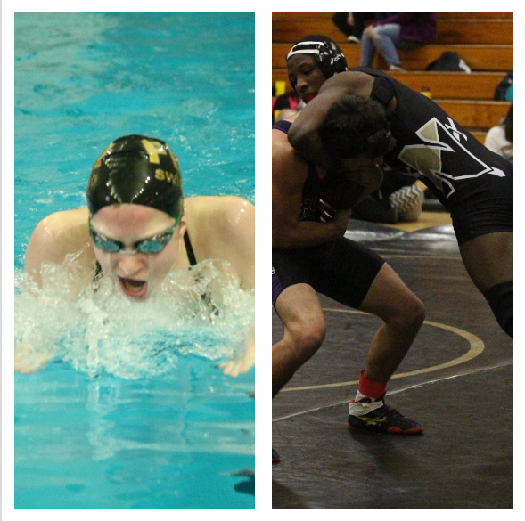 Joanna Dohrman swims in a varsity girls swim meet for Howell North and Joshua Simmons wrestles his opponent in a match for Howell North.