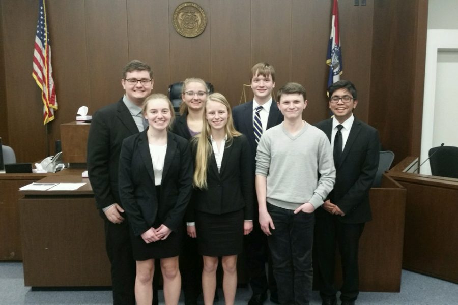 One of the three FHN mock trial teams poses after a preliminary trial leading up to regionals. In the preliminary trials, this team lost their first trial, but won their next trial 3-0. (photo submitted)