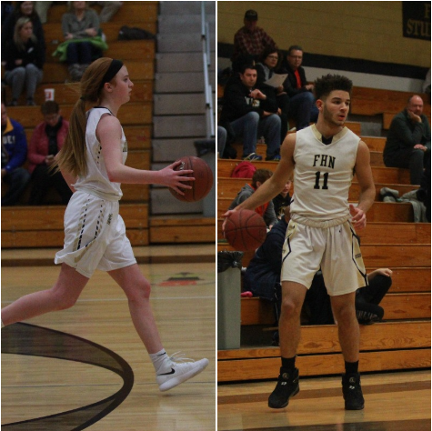 Freshman dribbles the ball down the court in a home game for the varsity girls basketball team; Junior forward Anthony Hople takes possession of the ball outside the arc in a varsity boys basketball game in the Howell North gym. 