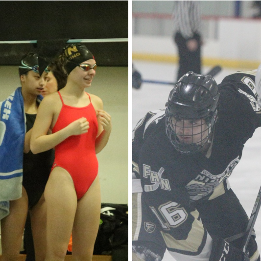 Olivia Neunaber prepares to jump into the pool for a meet with the varsity Knights swim team. Senior Matt Tilley lines up for a face-off with the varsity hockey team. 