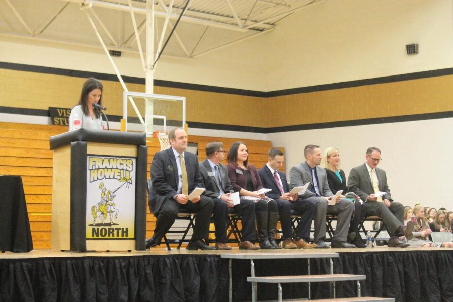 On Feb. 21, Lindsey Scheller, KOE Sponsor and English teacher, speaks at Knights of the Round Table. Knights of the Round Table is an event used to recognize students who have been extraordinary throughout their time at FHN.