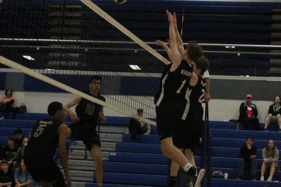 Junior John Garrelts goes up for the block against Francis Howell on 4/5. 