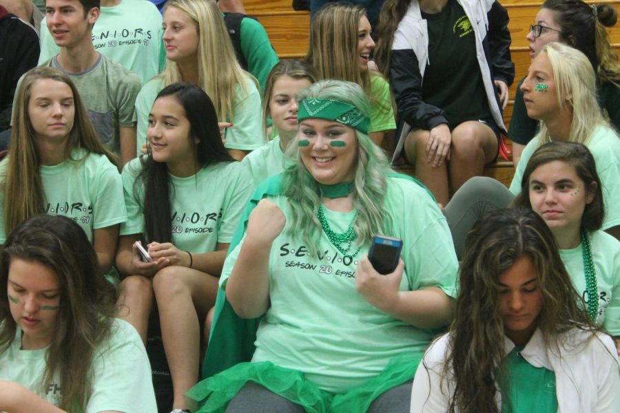 Senior Patty O'Leary at the Homecoming Pep Assembly, held on Sept. 14 in the large gym.