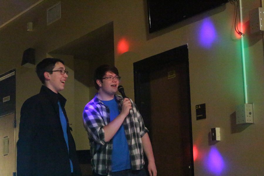 FHN Knightsound member Matthew Juhlin and Jared Strickland sing during the January Karaoke Knight. Knightsound is entering its second year of hosting Karaoke Knight. The next one will be held on Friday, Sept. 28. 