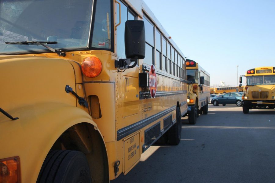 Buses begin to line up outside in the FHN parking lot as they wait for students to board. Recently the Francis Howell School District has made the decision to get new buses for schools. These buses will be exclusive to the Francis Howell School District and will be in place within the next few months.