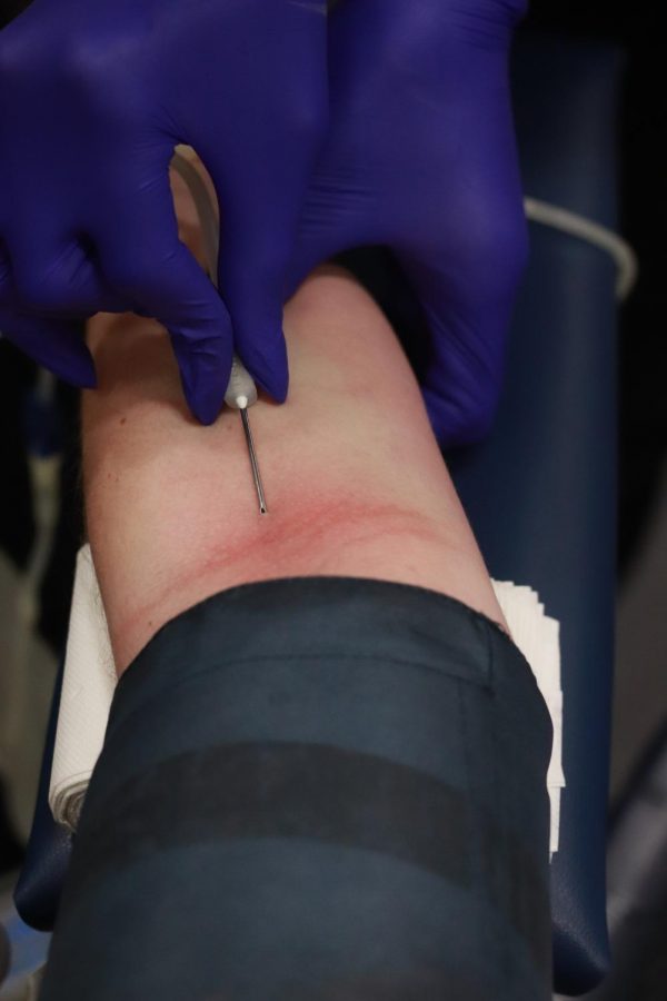 A needle inserts into senior Kaleigh Levins arm to begin the blood drawing process. Students donate a pint of blood which can save up to three lives. Hospitals commonly request students to donate with Type O blood since any patient can receive it.