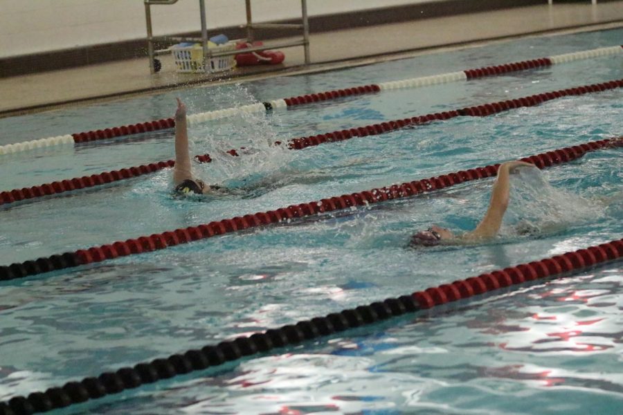 FHN swimmer competes in the backstroke.