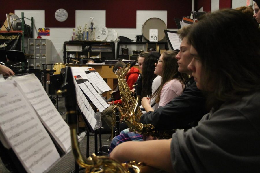 Jazz band plays during class, preparing for a competition. They plan to perform three songs, competing against other high schools in the area, The band is hoping to impress at the ‘Music for All’ national competition.