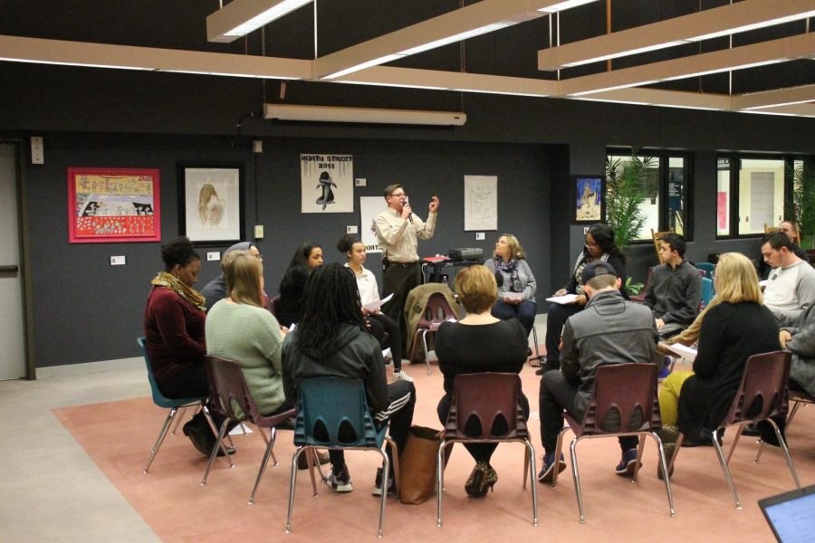 Students and community members sit and listen as principal Birch introduces the night. Students went in a circle answering questions about their social upbringing, and community involvement.