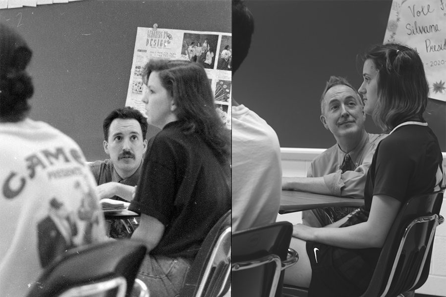 [Left] French teacher Dave Fritz speaks to a student, this picture is from sometime in the 1980's. [Right] In a recreation of the photo from the 80’s, Fritz poses with junior Phoebe Primeau. After teaching at Howell for one year, Fritz moved to North to teach for the next 32 years. “My fondest memory of French was taking one of our largest groups and traveling to France, Switerland and Italy,” Fritz said.