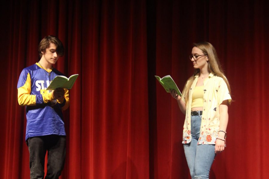 Rehearsing their lines, junior Megan Miller and sophomore Bryce James practice for the upcoming play “Lion and the Mouse Stories”. The play was preformed on Sept. 26, 27, and 28. The next two plays are set to happen in late November and early April. (Photo by Anna Hollinger)
