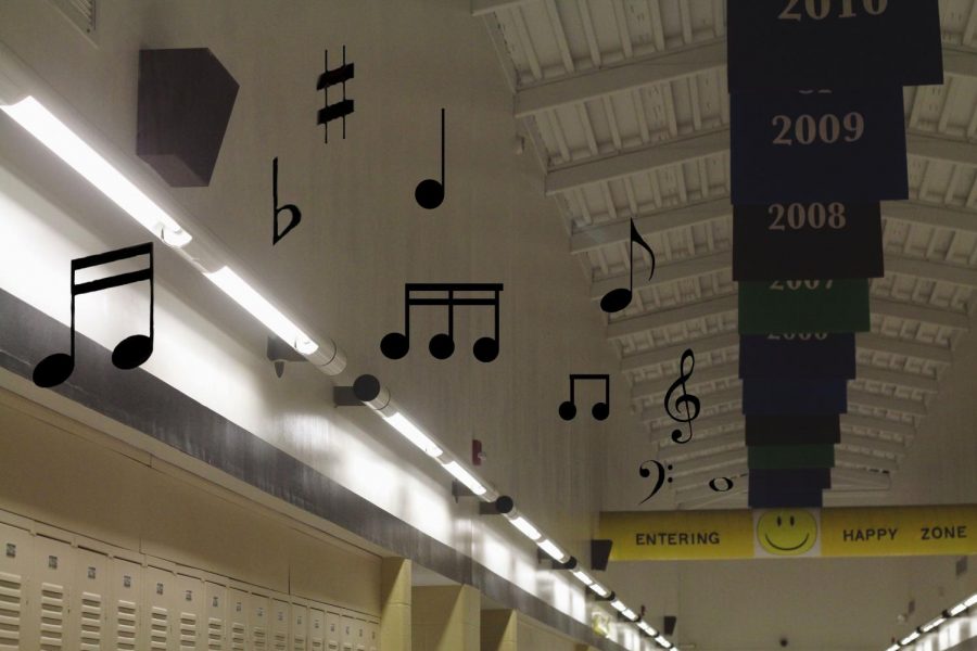 During the school day, music plays over the intercom for students walking through the halls. Songs can range from country to rap, as long as it’s school appropriate. “It’s a good idea and people being able to recommend songs is cool,” junior Brandon Bridgeman said. (Photo illustration by Addy Bradbury)