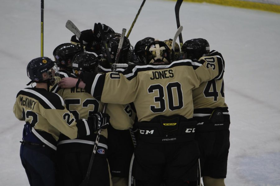 Senior goalie Charlie Jones celebrates senior night victory with teammates.