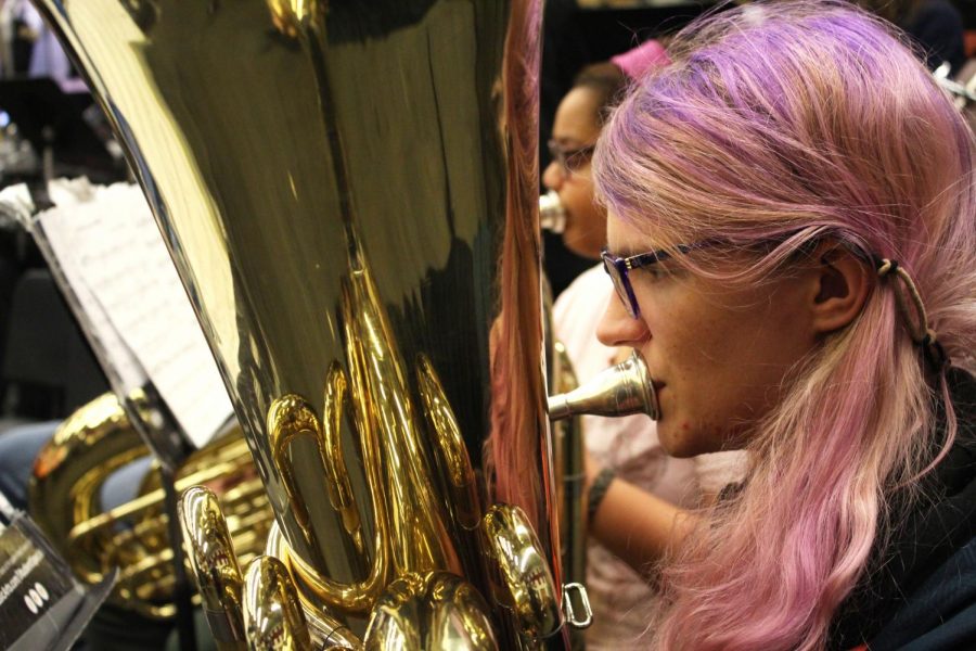 Senior Quinn Winkeler warms up on his tuba during honors wind ensemble practice. Winkeler spends his fifth hour practicing in the band room for their upcoming concerts and competitions. He has been playing the tuba since seventh grade and in sixth grade he played the baritone. 