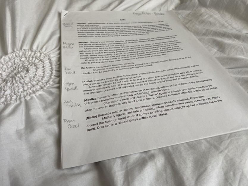 A script for "Etched-X" lays on a bed. The script was written entirely by FHN students.