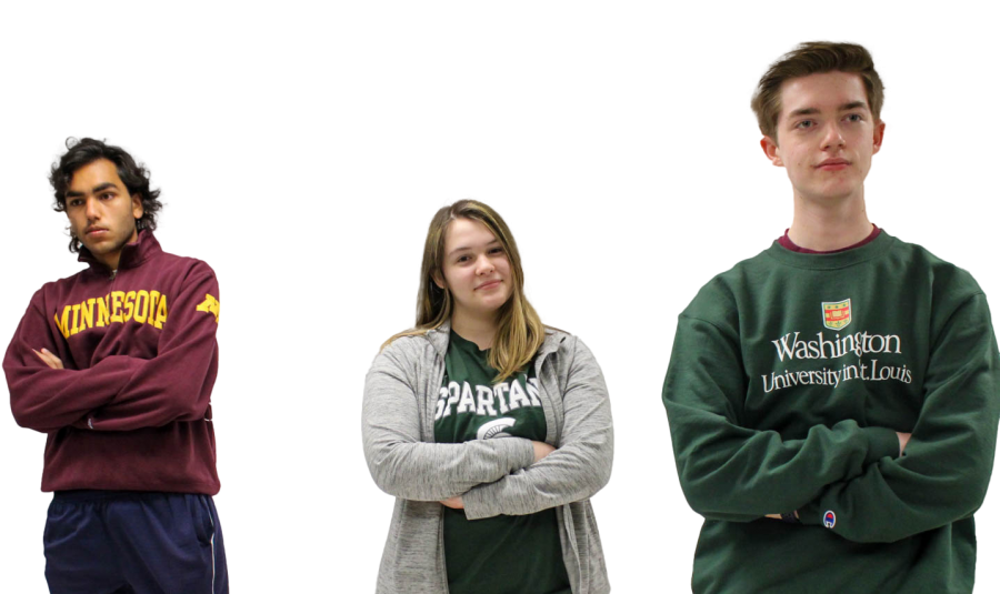 Seniors Rayan Amir, Brandi Stover and Ben Ell reenact a scene from "Ferris Bueller's Day Off" while in their college merch.