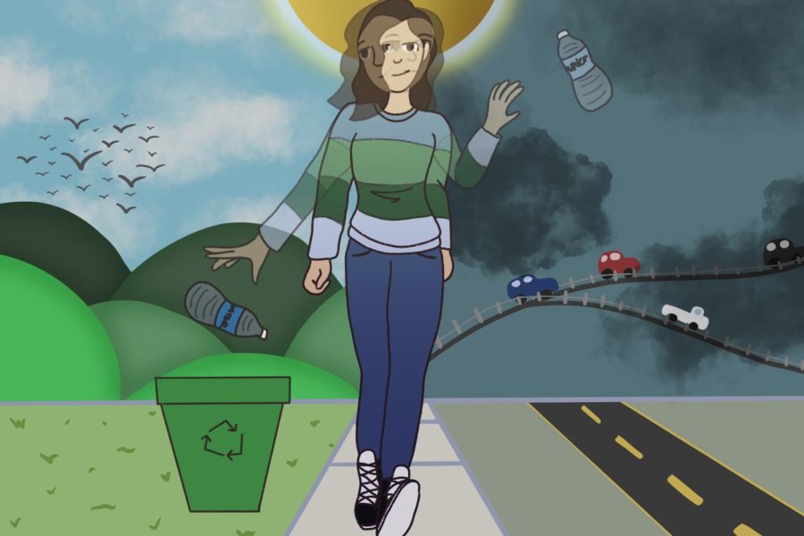 A girl is shown throwing a bottle away in both a clean and polluted environment