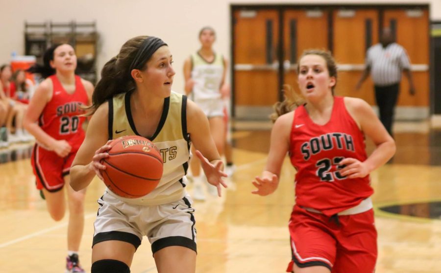 Senior Hannah Ermeling picks up her dribble during a basketball game vs. FZS on Jan. 18. FHN lost 52-48.