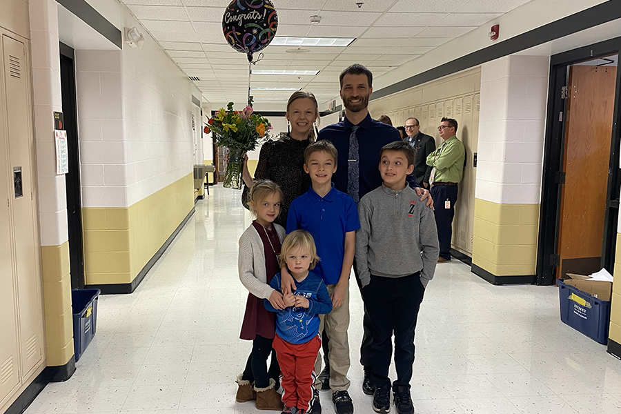 FHSD Teacher of the Year Winner Kristen Johnson poses with her family on March 7. 