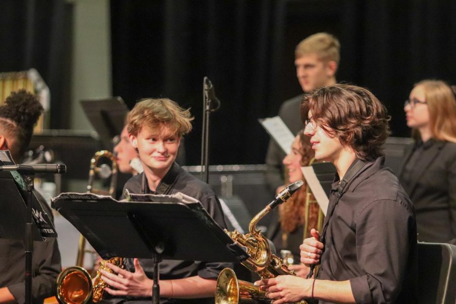 Senior Aiden Kehoe holds his saxophone during the winter concert on Dec. 7