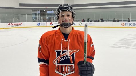 Junior Alex Diemer holds a hockey stick during practice. Diemer plays for Holt hockey team and has been playing hockey for 10 years. So far his team is 1st in the division and has won 4 out of 7 games. One thing that has inspired Diemer to play hockey was his mom, who has strongly influenced him to play hockey.
