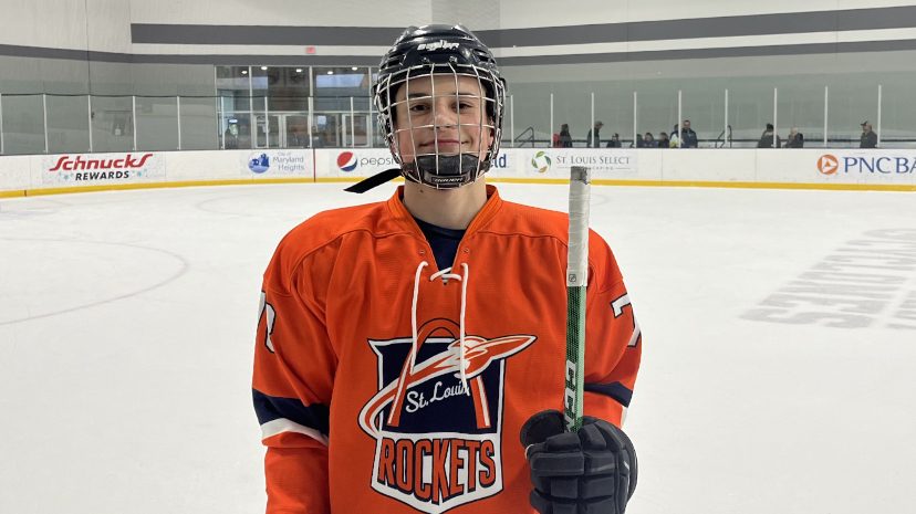 Junior Alex Diemer holds a hockey stick during practice. Diemer plays for Holt hockey team and has been playing hockey for 10 years. So far his team is 1st in the division and has won 4 out of 7 games. One thing that has inspired Diemer to play hockey was his mom, who has strongly influenced him to play hockey.
