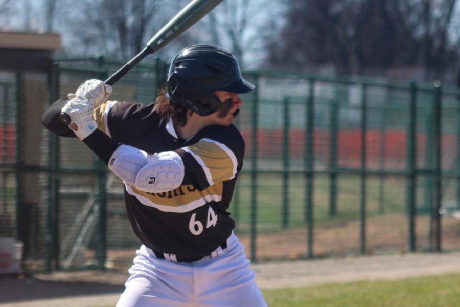 Catcher Ryan Wilson stands in the batters box awaiting the pitch in last seasons match-up against Parkway Central on March 19. The game was low scoring, with Parkway Central scoring the only run of the game in the bottom of the first, taking home the 1-0 win. 