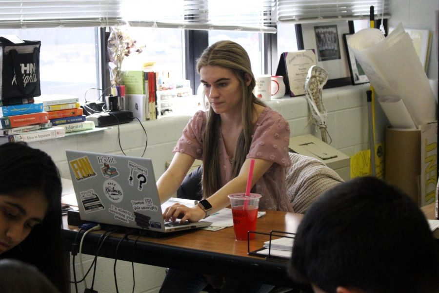 On March 2, Rowan Pugh works at her desk as students write an essay for AP Lang. 