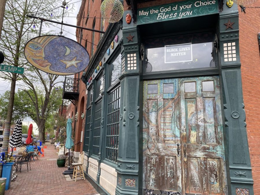 Entrance to the Venice Cafe pub in downtown St. Louis during the day. The pub is a transformed house in a local neighborhood and has been open for nearly 35 years.