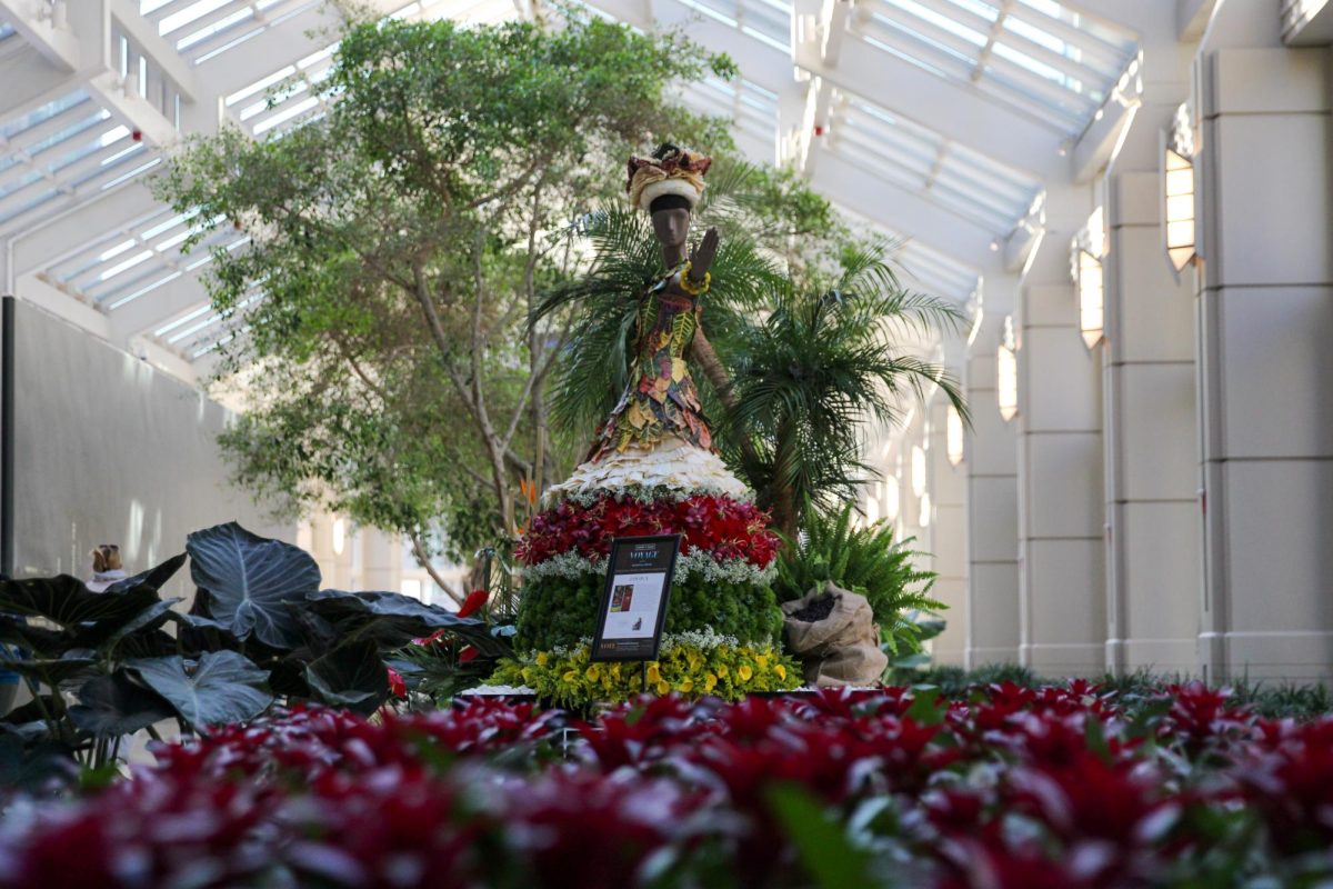 The Prudential Center displays Mrs. Jamaica during the "Fleurs de Villes" Voyage exhibit. This is taking place in Boston from Nov. 2-6th with independent florists from around the city coming together to make the 16 different exhibits.