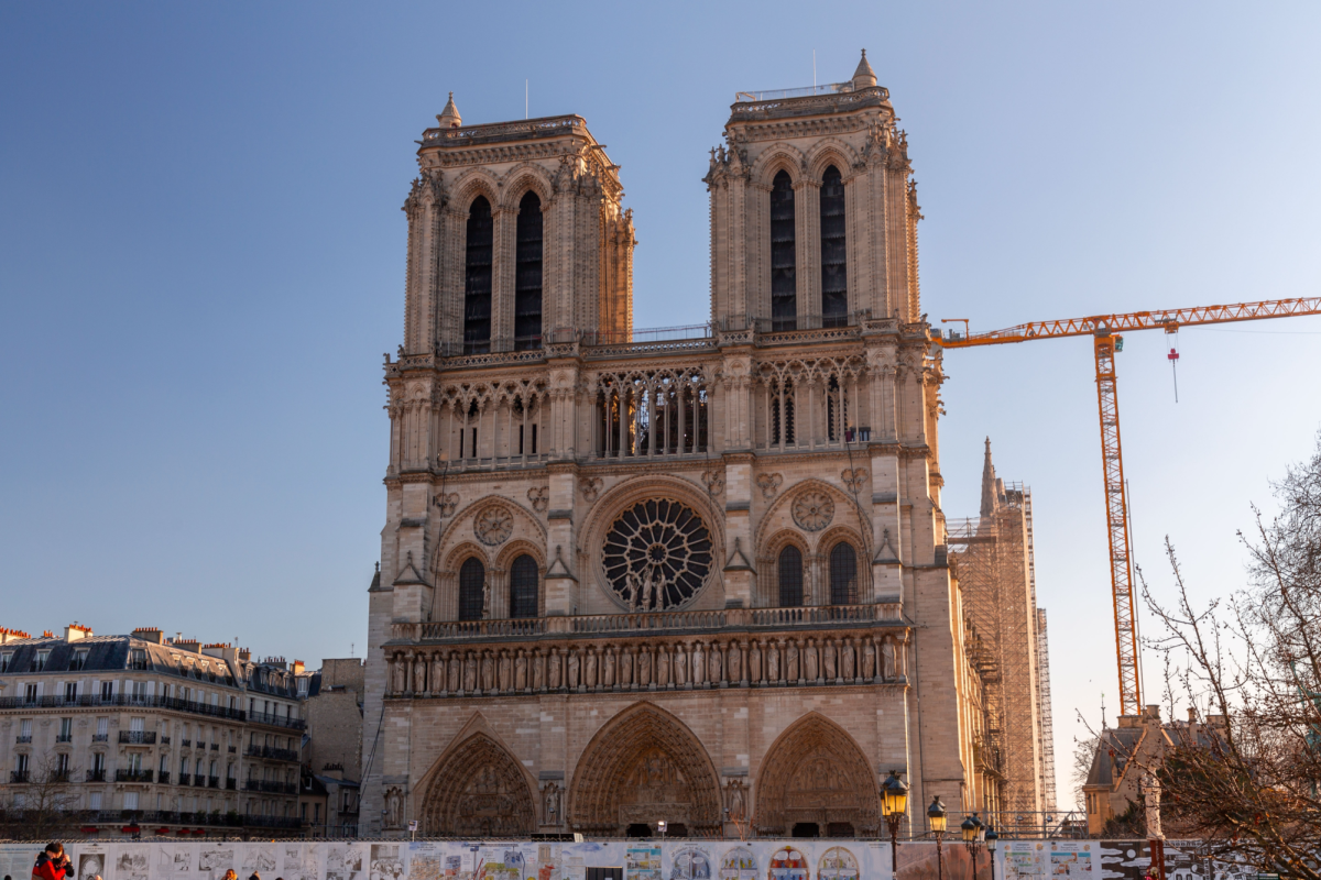 Paris, France - January 24, 2022: The Notre Dame de Paris is a medieval Catholic cathedral on the Ile de la Cite (an island in the Seine River), in the 4th arrondissement of Paris.