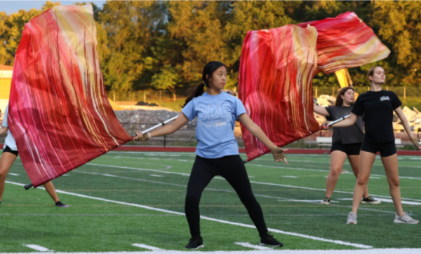 On Sept. 30, FHN Colorguard practices their routine during a marching
band practice on the home stadium field.