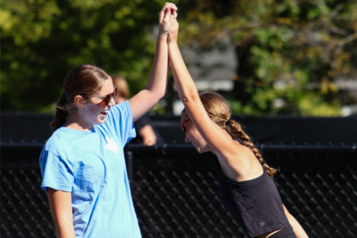 Senior Rachel Bruemmer and Junior Katie Head celebrate a winning point. FHN's Pickleball Club held there first tournament on Oct. 24.