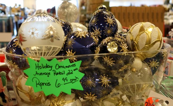 Ornaments shown for purchase at Reno's for a lower price than in retail stores.