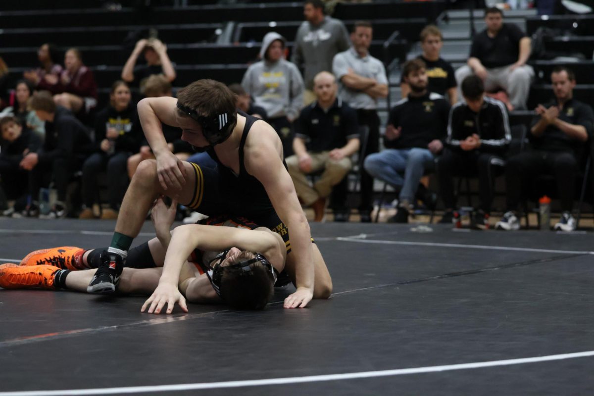 Noah Brown responds to officials stoppage vs. Palmyra Wrestler at Orchard Farm Quad meet on Dec. 5. 