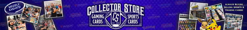 This is an ad for the collector store in saint charles. It's blue with pokemon cards on it.
