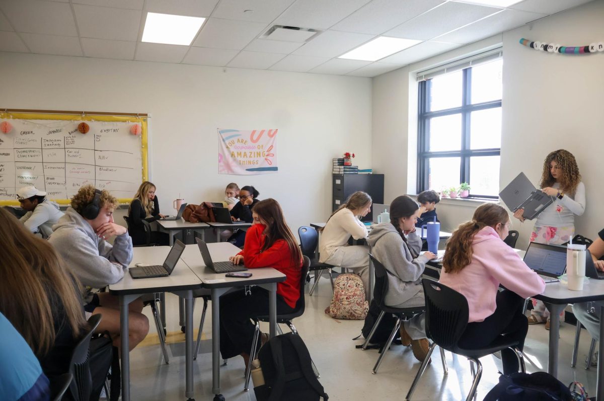 On Feb 11. Johnson’s 7th-hour AP language and composition class works quietly on their computers. The students are working on their Unit 4 AP College Board Checkpoint. 