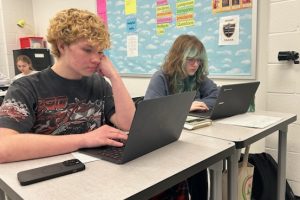 Students complete their assignment using their Chromebooks in English class. 