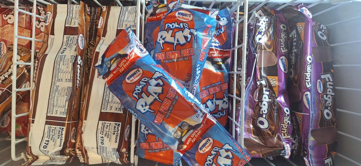 Ice cream stored in a school cafeteria freezer.