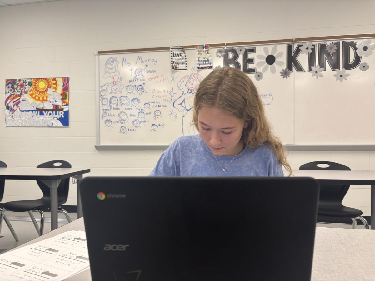 Junior Moira Dustin uses a Chromebook to complete her College Algebra quiz.